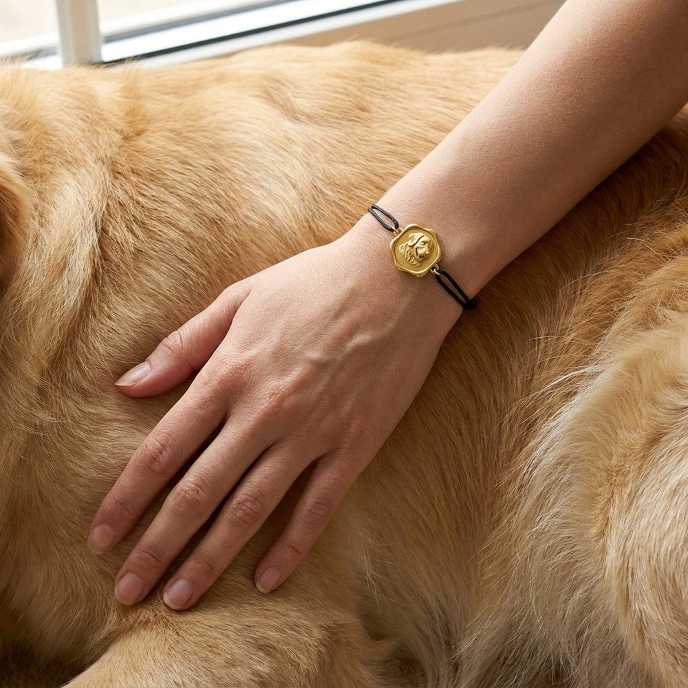 The bracelet medallion on its black cord, worn on the wrist