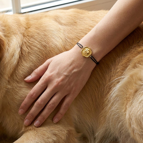 The bracelet medallion on its black cord, worn on the wrist