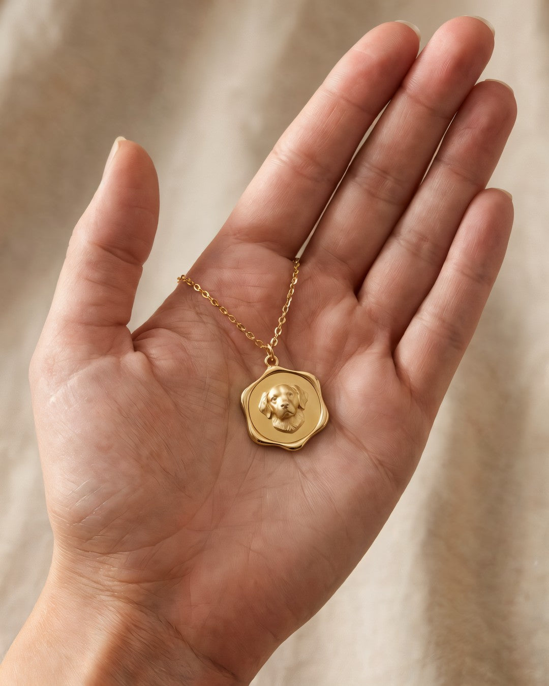 The medallion resting in an open palm