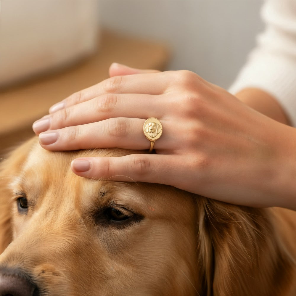 The signet ring worn on the ring finger, resting on a dog