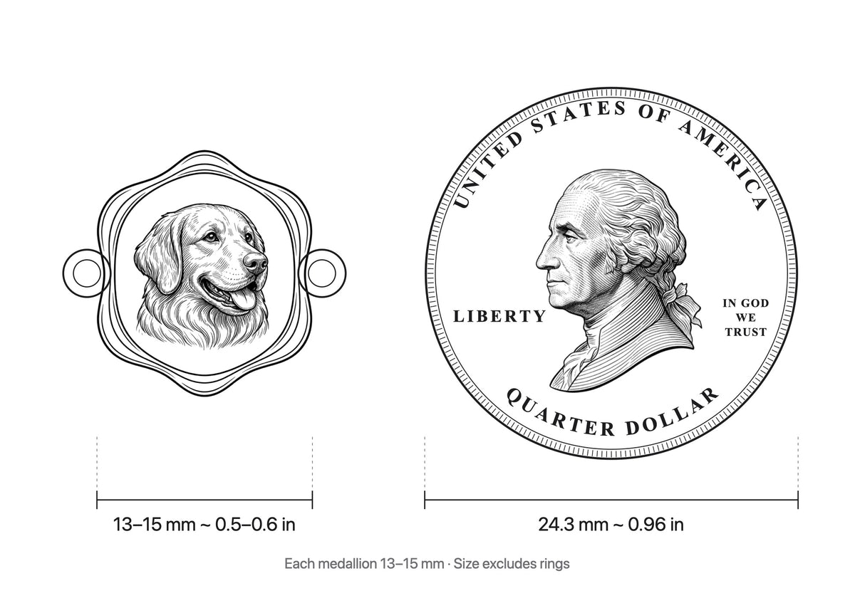 Scale drawing: each 13–15 mm medallion beside a US quarter (24.3 mm)