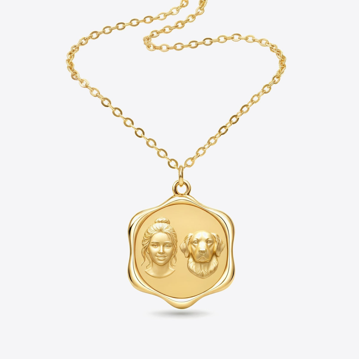 A two-face medallion with a woman and her dog in relief