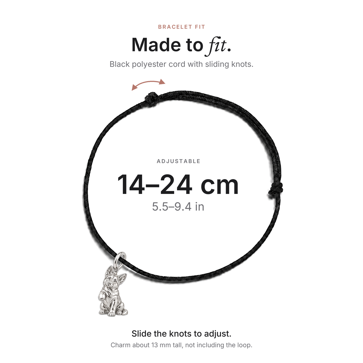 The charm on the black cord bracelet with sliding knots, adjustable 14–24 cm
