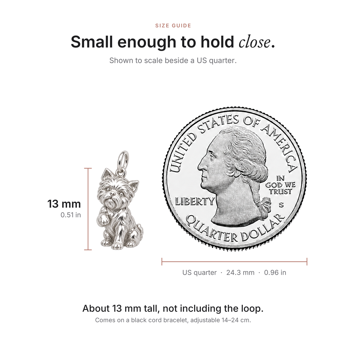 Size guide: the puppy charm, about 13 mm tall, beside a US quarter